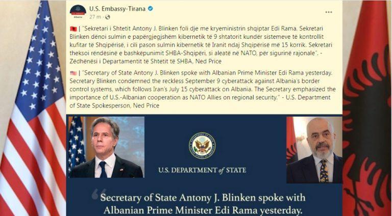 Sulmi kibernetik, Antony Blinken telefonon Edi Ramën, ambasada e SHBA informon për bisedën