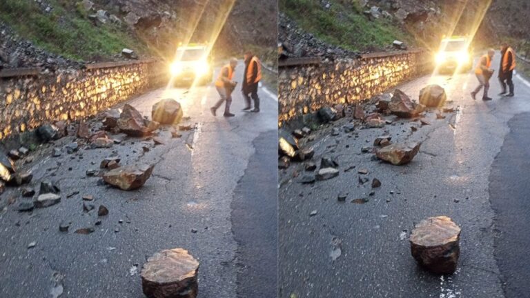 Reshjet dhe stuhia krijojnë probleme në rrugët nacionale në Dibër, gurë dhe shkëmbinj bllokojnë lëvizjen e mjeteve